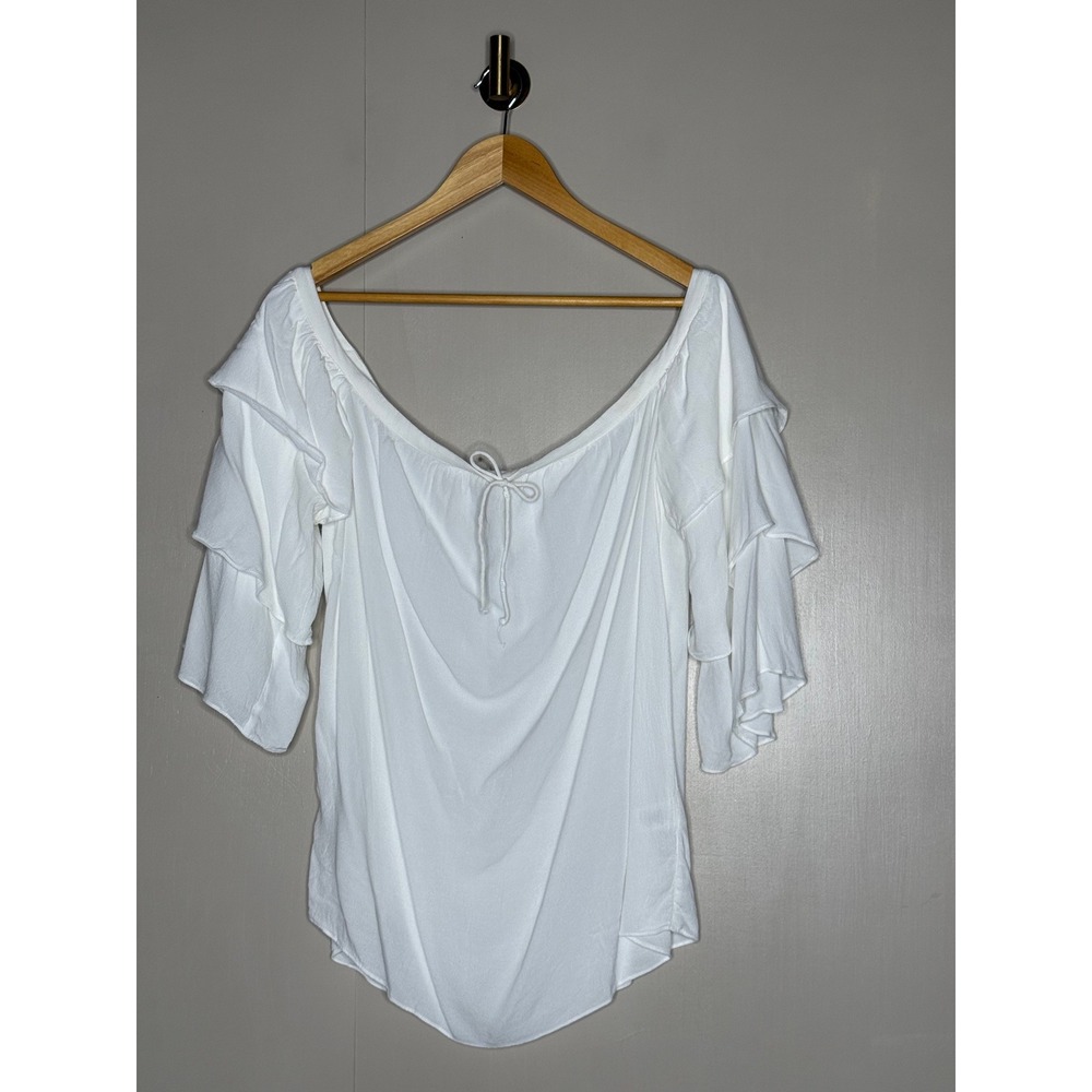 1.STATE White Off Shoulder Ruffle Sleeve Peasant Top Rayon Medium Boho - Picture 2 of 5